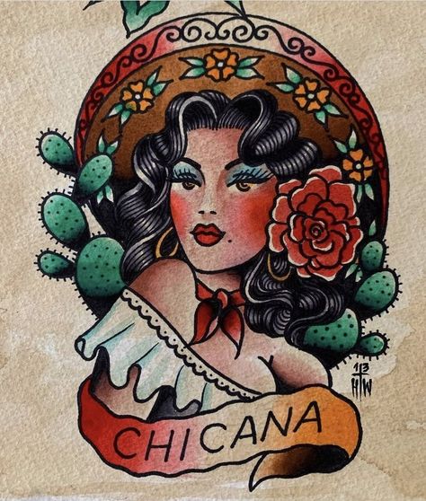 Traditional Tattoo Woman, Desenhos Old School, Cowgirl Tattoos, Mexican Tattoo, Pin Up Girl Tattoo, Catrina Tattoo, Traditional Tattoo Inspiration, Mexican Art Tattoos, Mexican Culture Art