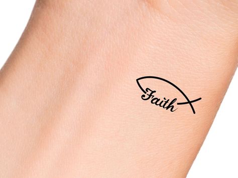 Faith Jesus Fish Temporary Tattoo / Religious Tattoo - Etsy Faith Tiny Tattoos, Tiny Faith Based Tattoos, Music And Faith Tattoo, Faith Fish Tattoo, Cute Ankle Tattoos, Father Daughter Tattoos, Dog Print Tattoo, Blush Pink Nails, Faith Tattoo