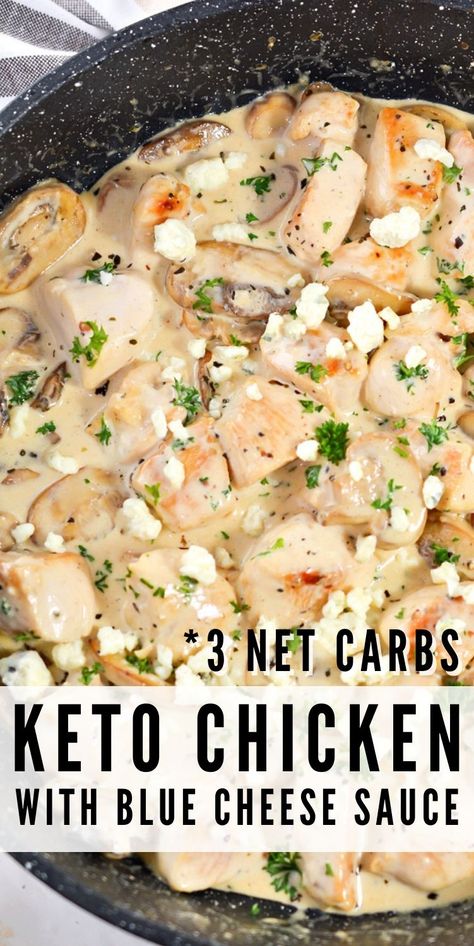 Keto Chicken With Blue Cheese Sauce - If you are one of those people that can’t get enough blue cheese, then this chicken recipe is for you! It has an incredibly creamy blue cheese sauce and only 3g net carbs per serving! #keto #Ketorecipes #ketodiet #Ketocreamsauce #chickendinner #bluecheesesauce #dinnerideas #bluecheesechicken #food #recipes Chicken Bacon Blue Cheese, Low Carb Blue Cheese Recipes, Chicken With Blue Cheese Sauce, Blue Cheese And Chicken Recipes, Blue Cheese Chicken Recipes, Chicken With Blue Cheese Recipes, Chicken And Blue Cheese Recipes, Blue Cheese Soup Recipes, Blue Cheese Recipes Dinners