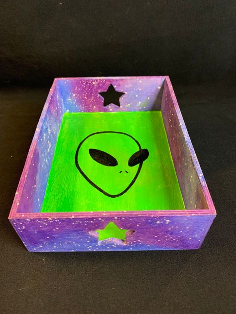 Hand painted Wooden Decorative Tray.  5 x 7 inches  2 inches depth  Star handles Wooden Tray Painting Ideas, Moon Board, Alien Aesthetic, Painted Trays, Tray Ideas, Canvas Painting Diy, Cozy Room Decor, Decorative Trays, Diy Crafts For Gifts