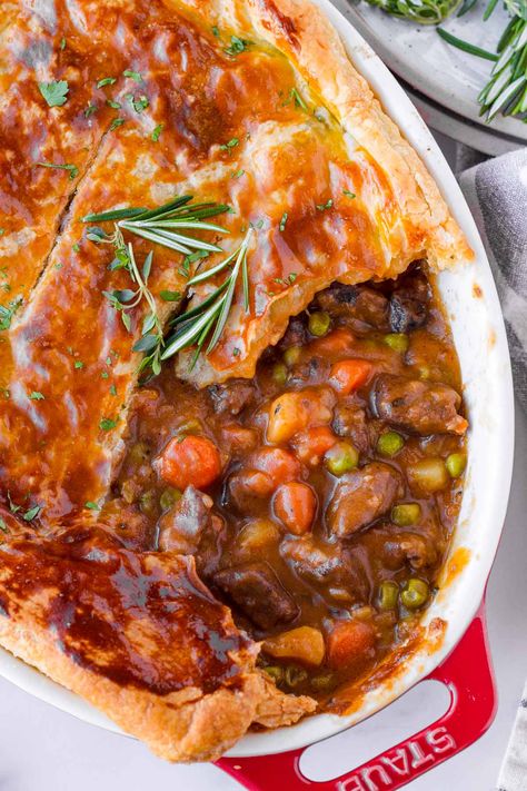 Try this delicious Beef Pot Pie! This beef pot pie is so tender, flavorful, and easy to make. It's topped with flaky puff pastry crust baked until golden brown. Puff Pastry Beef, Puff Pastry Recipes Dinner, Beef Pot Pie Recipe, Beef Pot Pie, Puff Pastry Recipes Savory, Fun Foods To Make, Christmas Pudding Recipes, Butcher Box, Beef Pot Pies