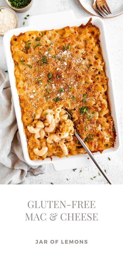 Gluten-Free mac & cheese in a casserole dish. Lemons Recipes, Different Types Of Cheese, Gluten Free Mac And Cheese, Breadcrumb Topping, Gluten Free Holiday Recipes, Mac And Cheese Casserole, Baked Mac And Cheese Recipe, Gluten Free Thanksgiving, Recipes With Few Ingredients