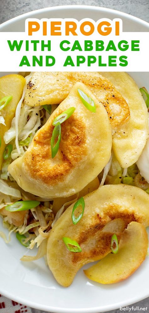 Homemade Pierogi that is pan fried and served with sautéed cabbage, onion, and apples is the most delicious thing! Make the Pierogi in advance or buy them and this meal comes together in only 20 minutes! A wonderful quick and easy dinner recipe the entire family will look forward to every time. Recipe With Cabbage, Cabbage And Apples, Sautéed Cabbage, Pierogi Recipe, Sauteed Cabbage, Pasta Varieties, Homemade Dumplings, 20 Minute Recipes, Easy Dinner Recipe