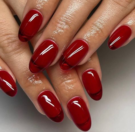 Jelly Red Almond Nails, Jelly Red Nails Short, Red Jelly Nails Short, Cherry Red Jelly Nails, Clear Red Acrylic Nails, Translucent Red Nails, Christmas Jelly Nails, Red Nails Jelly, Long Jelly Nails