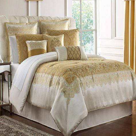 Comforter Sets Russell Gold Square 4-Piece Comforter Set Latest Bedding Ivory Comforter, Gold Bedding Sets, Beach Bedding Sets, Hotel Bedding Sets, Jacquard Bedding, Gold Bed, Bed Spread, Jacquard Design, King Comforter Sets