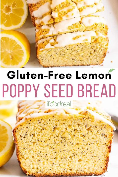 A slice of lemon poppy seed bread. Bread Made With Almond Flour, Lemon Poppy Seed Loaf, Breakfast Ideas Brunch, Lemon Poppy Seed Bread, Lemon Greek Yogurt, Brunch Snacks, Healthy Biscuits, Poppy Seed Bread, Gluten Free Dairy Free Dessert