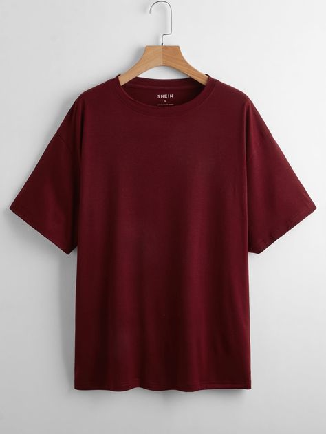 Burgundy Casual  Short Sleeve Polyester Plain  Embellished Slight Stretch Summer Women Tops, Blouses & Tee Plain Red T Shirt, Plain Tee Shirts, Oversize Tshirt Outfits, Cool Shirt Designs, Trendy Boy Outfits, White Tshirt Men, Guys Clothing Styles, Blank T Shirts, Plain Tees