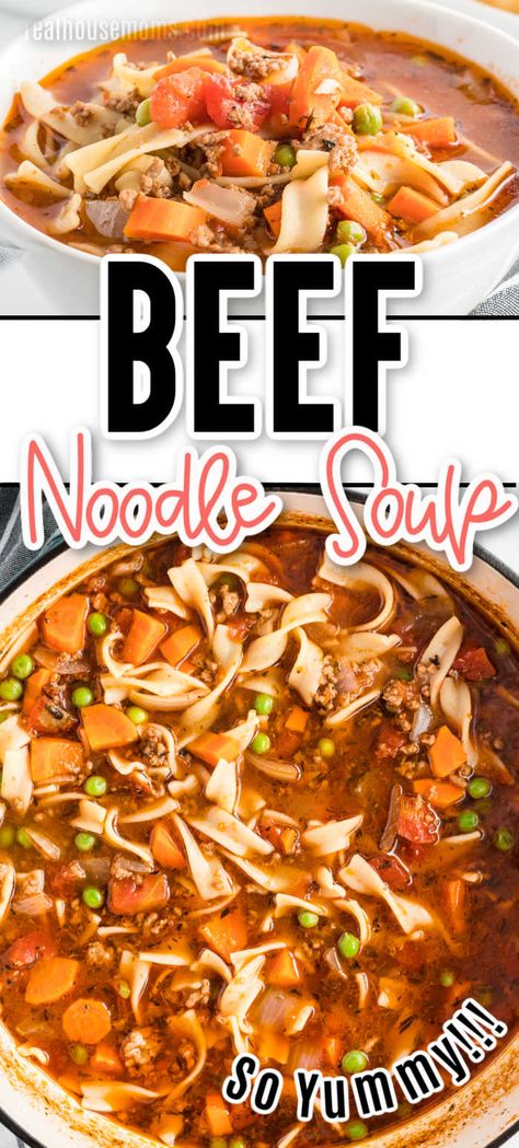 Rich in flavor and full of vegetables, Beef Noodle soup is a quick and easy one-pot meal that the whole family will love! #RealHousemoms #beef #groundbeef #eggnoodle #soup #easydinner #sidedish #comfortfood Vegetable Noodle Soup, Vegetable Noodle, Beef Soup Recipes, Beef Noodle Soup, Vegetable Beef Soup, Homemade Noodles, Easy One Pot Meals, Feel Good Food, Noodle Soup Recipes