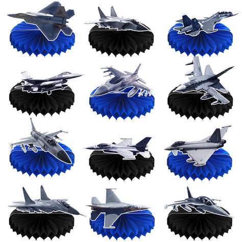 PRICES MAY VARY. Abundant Decorations: elevate any party or event with the airplane honeycomb centerpieces; This package includes 12 honeycomb centerpieces, providing you with more than enough quantities to decorate your venue; Add a touch of sophistication and style with these vibrant and eye catching centerpieces, inspiring a sense of awe among your guests Air Force Themed Elements: ideal for aviation enthusiasts or those organizing an air force themed party, these airplane decorations for par Airplane Theme Centerpieces, Air Force Retirement Party Ideas, Aviation Themed Party, Airplane Decorations, Air Force Decor, Airplane Party Decorations, Kids Party Centerpieces, Plane Birthday, Glow In Dark Party