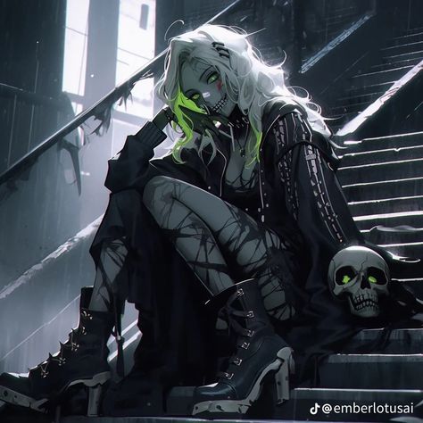 Cool Zombie Art, Anime Zombie Female, Zombie Woman Art, Cyberpunk Zombie, Female Undead, White And Green Hair, Zombie Warrior, Zombie Rpg, Mystical Characters