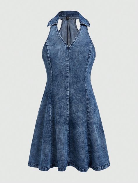 Medium Wash Casual Collar Sleeveless Denim Plain A Line Embellished Slight Stretch  Women Clothing Spring Summer Dress, Dress P, Halter Neck, Online Fashion, Denim Dress, Women Clothing, Men's Clothing, Halter Dress, Sewing Patterns