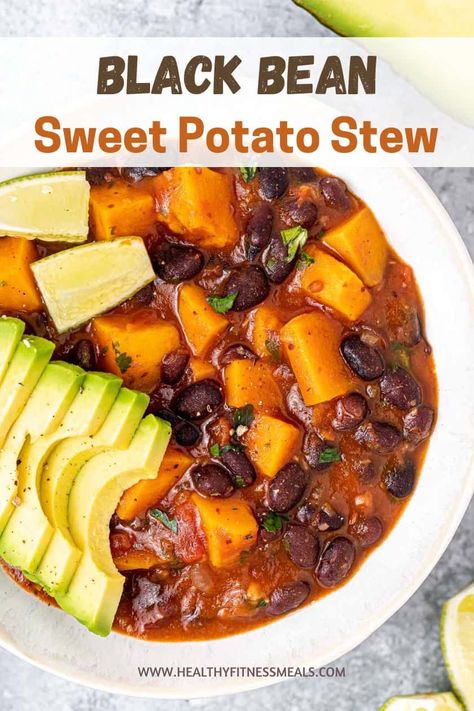 Thick and hearty Black Bean Sweet Potato Stew is a vegetarian recipe featuring a blend of colorful vegetables, black beans, and seasonings. Sweet Potato Stew Crockpot Vegetarian, Sweet Potato Black Bean Stew, Black Bean And Sweet Potato Soup, Sweet Potato Stew Recipes, Black Bean Sweet Potato Soup, Nutritious Soups, Uni Meals, Black Bean Sweet Potato, Sweet Beans