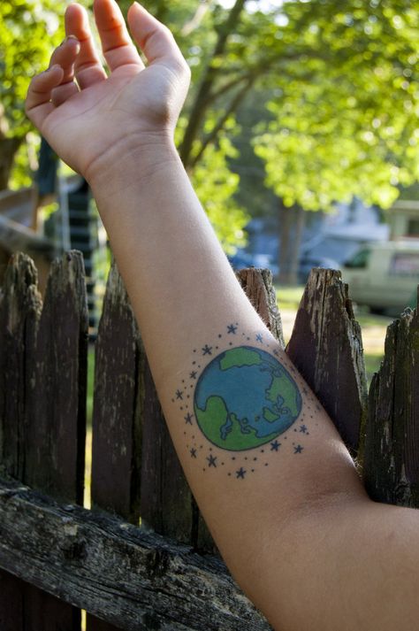 Earth tattoo. Earth Tattoo Color, Earth Tattoo Ideas Nature, Earth Tattoos, Trout Tattoo, Left Arm Tattoos, Earth Tattoo, Tattoos With Kids Names, Piercing Inspo, Arm Tattoos