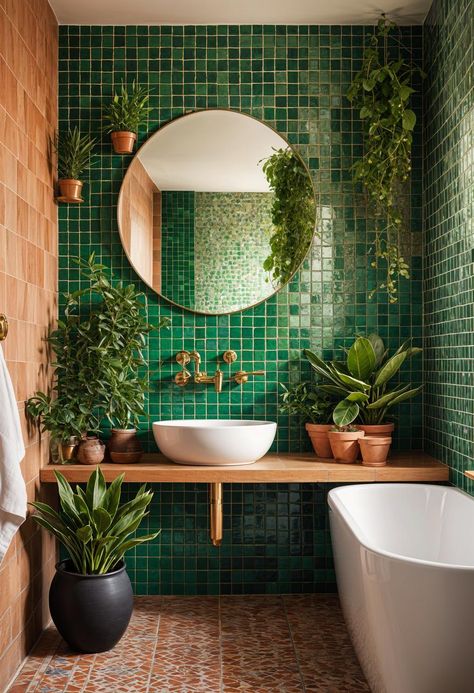 Green Tile Wall Bathroom, Terracotta Green Bathroom, Hawaii Inspired Bathroom, Green And White Bathroom Tile, Green Midcentury Bathroom, Green Copper Bathroom, Retro Earthy Aesthetic, Green Mosaic Tiles Bathroom, Emerald Bathroom Ideas