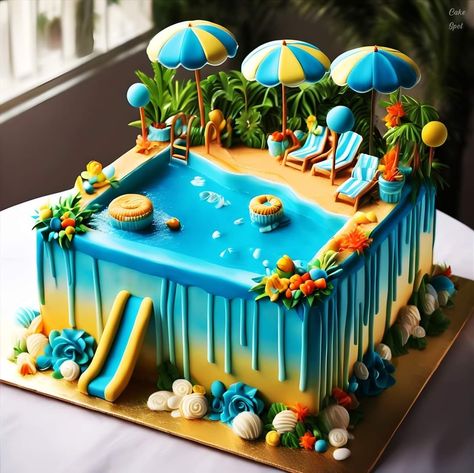 Pool Cake, Cupcake Decorating Tips, Amazing Food Decoration, Fun Deserts, Girly Cakes, Fantasy Cake, Elegant Birthday Cakes, Summer Cakes, Pretty Dessert