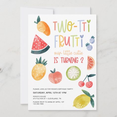 This toddler birthday party invitation features "two-tti frutti" and lots of fruit to invite friends and family to celebrate their second birthday. Two Tutti Fruity Birthday, Two Fruity Birthday Party, Two Cute Birthday Party Theme, Two Year Old Birthday Party Themes, Second Birthday Party Themes, Twotti Fruity Party, Second Birthday Girl Theme, 2nd Birthday Theme Ideas, Second Birthday Theme