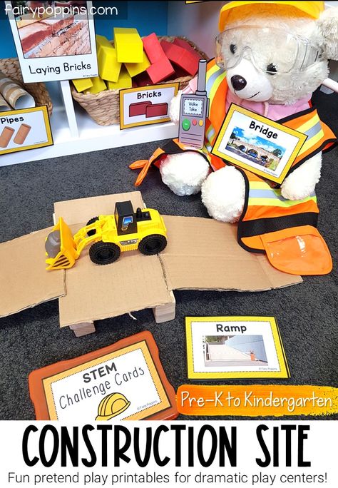 This construction site dramatic play center helps kids engage in pretend play and develop STEM skills. It includes printables for areas such as a construction site, building zone, box construction and tinkering table. #constructionsite #constructiontheme #constructiondramaticplay #communityhelper #dramaticplay #pretendplay #dramaticplaycenter #pretendplaycenter #blockcenter #stemchallenge #blockplay #preschool #prek #kindergarten #kidsplay #learnthroughplay #playideas #looseparts Construction Dramatic Play, Store Dramatic Play, Fairy Poppins, Pretend Play Printables, Preschool Construction, Play Preschool, Play Printables, Dramatic Play Center, Dramatic Play Printables