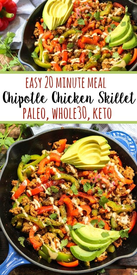 Whole30 Chipotle Chicken Skillet (Paleo, Keto, GF) - Whole Kitchen Sink Whole 30 Chicken Recipes, Paleo Menu, Clean Meal Prep, Paleo Chicken Recipes, Chicken Skillet, Meal Prep Clean Eating, Clean Eating Recipes For Dinner, Clean Eating For Beginners, Paleo Low Carb