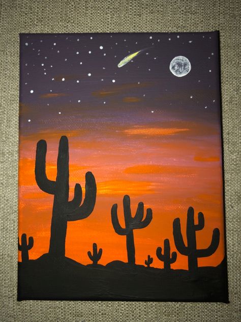 Lukisan Sunset Simple, Sun Set Painting Easy, Sunset Easy Paintings, Cute Sunset Paintings, Painting Ideas On Canvas Sunset, Sunset Painting Ideas, Cactus Sunset, Drawing Sunset, Diy Canvas Art Easy