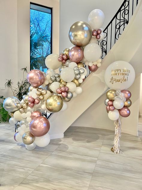 Balloon Decorations On Stairs, Balloon Garland On Staircase, Staircase Birthday Decorations, Stairwell Balloon Garland, Balloon Staircase Decor, Staircase Balloon Garland, Balloon Staircase, 60th Birthday Ideas For Mom Party, Stair Garland