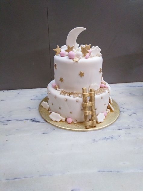 Cloud Cake Design, 2 Step Cake Design, Cake Designs 2 Tier, 2 Tier Fondant Cake, White And Gold Cake, Cakes Unique, Tier Cakes, Cloud Cake, Fondant Cake Designs