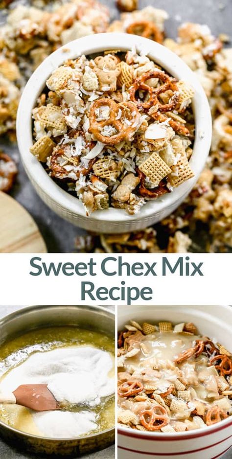 This Sweet Chex Mix recipe has chex cereal, pretzels, almonds, coconut, and teddy grahams in a sweet syrup to make the best snack mix! via @betrfromscratch Sweet Chex Mix Recipe, Munchie Snacks, Chex Mix Recipes Sweet, White Chocolate Chex Mix, Chex Snack Mix, Sweet Chex Mix, Sweet Chex, Ww Snacks, Chex Mix Recipe