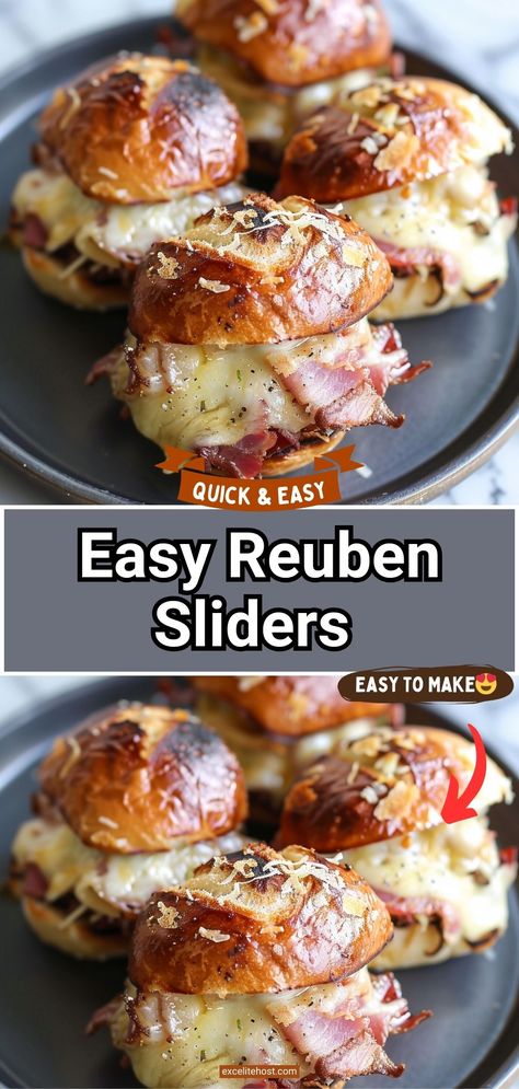 Ingredients: 12 slider buns 1 pound corned beef, thinly Ruben Sliders Easy Recipes, Rueben Appetizer Recipes, Ruben Roll Ups, Rueben Sliders Hawaiian Rolls, Rueben Sliders, Reuben Bites, Sliders In The Oven, Corned Beef Sliders, Reuben Sliders