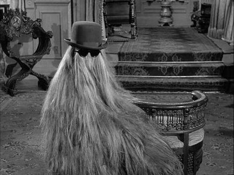 Cousin Itt -- Itt Addams is the cousin of Gomez Addams. He is a short being whose entire body is shrouded by long hair. When Gomez asks Cousin Itt what is underneath all the hair, Cousin Itt replies, "Roots". His hair color changed throughout the years, but in the 1998 The New Addams Family TV series his hair color was blond. Beard Inspiration, The Addams Family 1964, Beard Funny, Addams Family Tv Show, Cousin It, Beard King, Charles Addams, Gomez And Morticia, Long Beard