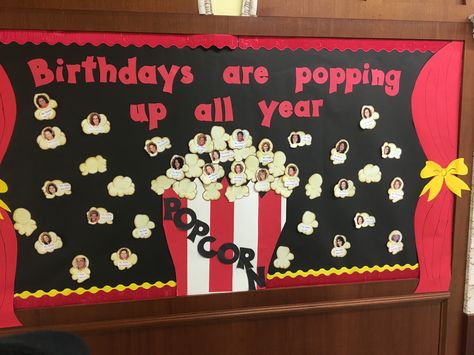 Popcorn Birthday bulletin board Popcorn Theme Classroom, Nursery Room Ideas Childcare, Popcorn Birthday, Birthday Chart Classroom, Popcorn Theme, Birthday Bulletin Board, Birthday Board Classroom, Board Classroom, Birthday Bulletin Boards