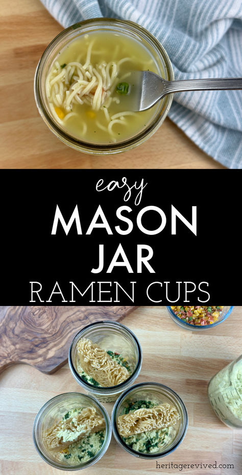 Cup of hot noodles and jars of dry soup mix below with text "Easy mason jar ramen cups" Mason Soup Jars, Homemade Ramen In A Jar, Ramen In Mason Jar, Dehydrator Meals In A Jar, Jar Snacks Ideas, Soup Kits In A Jar, Storing Food In Mason Jars, Just Add Hot Water Meals In A Jar, Diy Ramen Soup Mason Jars