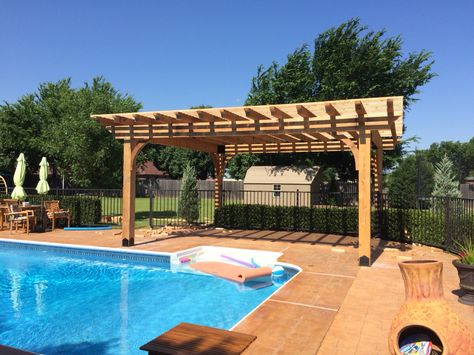 Pergola End Of Pool, Poolside Pergola Ideas, Pergola Near Pool, Pergola By Pool, Pergola Poolside, Poolside Pergola, Pool Pergola, Inground Pool Landscaping, Simple Pool