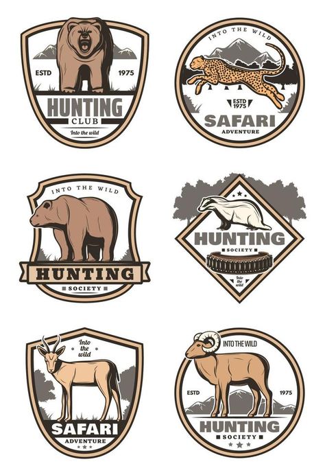 Hunting club retro badges with african animals Savannah Animals, Hunting Club, Wild Safari, Hunt Club, Ribbon Banner, Safari Adventure, Sport Club, Vintage Icons, Sports Clubs