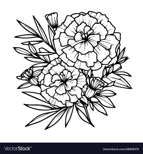 Marigold Drawing, Flower Bouquet Drawing, Flower Drawings, Single Line Drawing, Marigold Flower, Tattoo Sketches, Black Tattoos, Cute Tattoos, Linocut