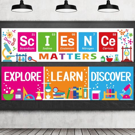 Science Corner Classroom Ideas, Science Class Decorations, Library Kindergarten, Science Banner, Science Exhibition Ideas, Lab Decorations, Science Classroom Decor, Elementary Computer Lab, Science Lab Decorations