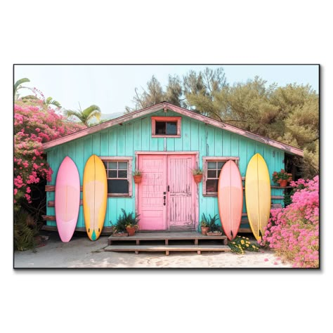 About the Art:   A charming beach hut painted in vibrant turquoise with a weathered pink door stands surrounded by lush, blooming flowers. The hut is flanked by four surfboards in shades of pink and yellow, neatly propped against its exterior. Potted plants line the steps, enhancing the cozy, welcoming atmosphere of this idyllic seaside retreat.  BIG Wall Decor, the leader in large-scale modern wall art, is dedicated to ensuring each selection dramatically enhances your space. Our commitment to Mid Century Surf Shack, Seaside House Exterior, Honokaa Hawaii, Gazebo Beach, Jamaica Cottage, Beach Shacks, Future Islands, Turquoise Beach, Big Wall Decor