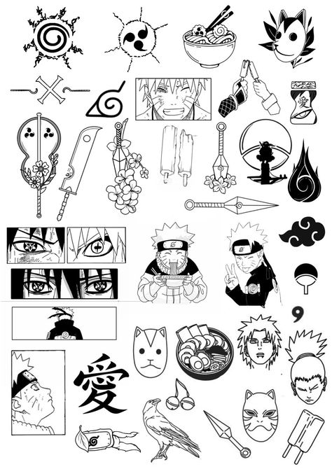 Anime Naruto Tattoo Ideas, Naruto Flash Tattoo Ideas, Naruto Tattoo Simple, Naruto Patchwork Tattoo, Small Jjk Tattoo, Easy Anime Tattoos, Naruto Tattoo Stencil, Naruto Tatoos Ideas, Naruto Tatoos