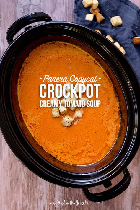 Crock Pot Tomatoes Soup, Tomato Puree Recipes Dinners, Doctored Up Tomato Soup, Recipes With Tomato Puree, Crockpot Tomato Soup With Fresh Tomatoes, Tomato Soup Crock Pot, Focaccia Croutons, Panera Tomato Soup Recipe, Crockpot Tomato Soup