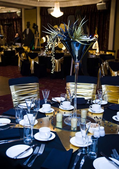 Nice deep colors for an elegant masculine event. Blue And Gold Wedding Centerpieces, Navy And Gold Centerpieces, Navy And Gold Party Decor, Charity Event Decorations, Gold Reception Decor, Navy Blue And Gold Wedding, Gold Reception, Gala Decorations, Blue Gold Wedding