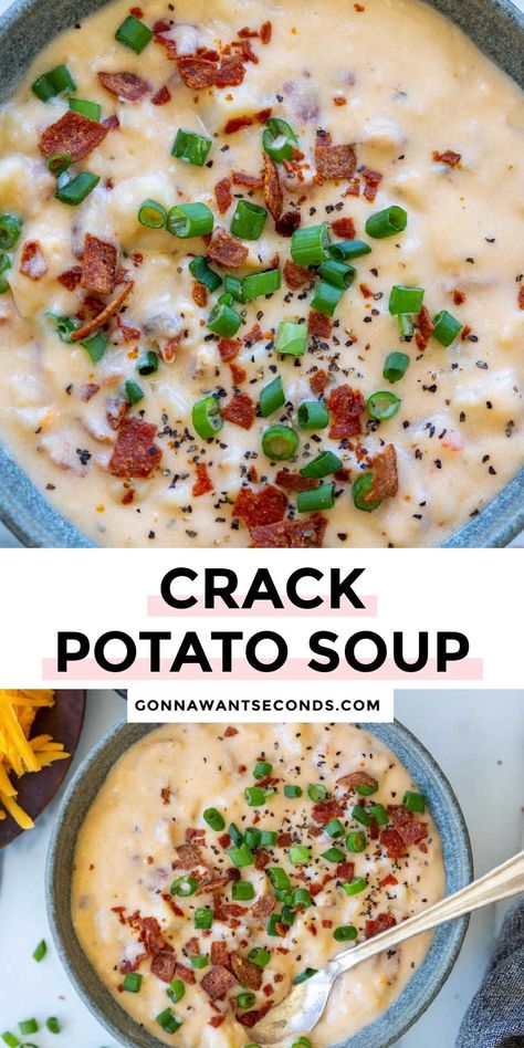 *NEW* This creamy delicious crack potato soup is made with chunky frozen potatoes, ranch seasoning, cheddar cheese, and bacon. #potatosoup #crackpotato Potatoes Ranch Seasoning, Potato Soup With Frozen Diced Potatoes, Potato Bacon Soup, Potato Soup Crock Pot, Frozen Potatoes, Bacon Soup, Best Soup Recipes, Delicious Soup Recipes, Homemade Spices