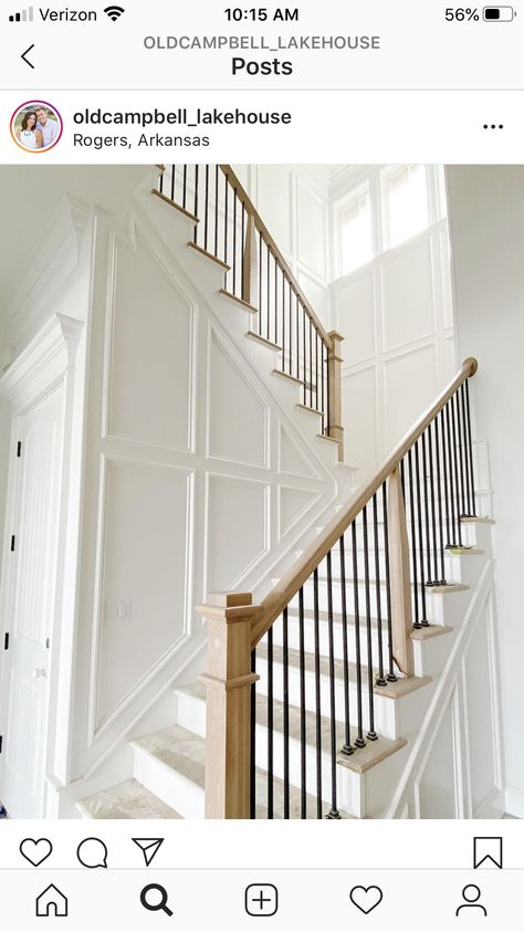 Wrap Around Stairs, Hamptons Home Interior, Square Paneling, Stair Moulding, Staircase Molding, Wainscoting Stairs, Dream Building, Stair Banister, House Pics