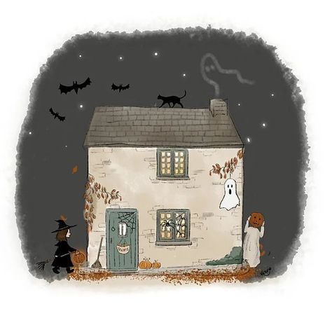 ILLUSTRATED BY VICTORIA on Instagram: "Have a lovely weekend! Once I've finished my work today I'll be preparing for a fancy dress party tonight, child free! Then tomorrow we have friends over for spooky fun and games. The non Halloween version of this house is back in my Etsy shop due to popular demand! X x (Just remember when ordering that it will be a tad late due to postal strikes) #halloweencottage #cottage" Halloween Cottage, Cottage Prints, Child Free, Fancy Dress Party, Have A Lovely Weekend, Fun And Games, Fancy Dresses Party, Work Today, Remember When