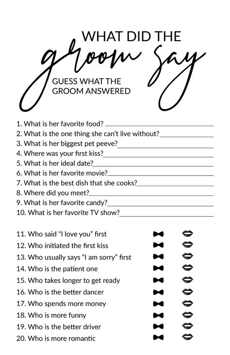 What did the Groom Say?  Play this fun game at any bridal shower!  Easy to print set up on standard size (8 1/2x11) paper. Fun Wedding Games, Wedding Party Games, Fun Bridal Shower Games, Bridal Shower Inspiration, Wedding Shower Games, Cute Wedding, Bridal Shower Game, Future Wedding Plans, Cute Wedding Ideas