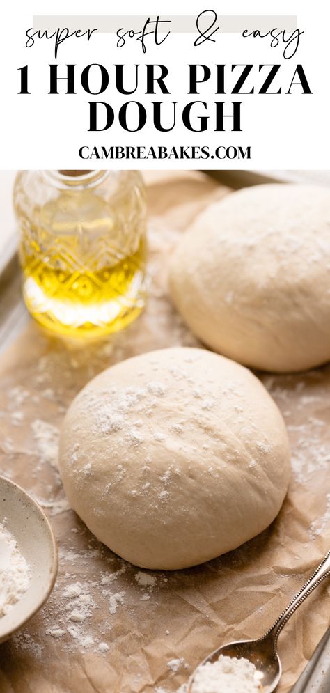 Up-level your next homemade pizza night with this chewy pizza dough! With a crispy crust and fluffy inside, you'll love how easy it is to throw together in one hour! You can make this pizza crust with six simple ingredients and it's seven made with all-purpose flour so no fancy bread or pizza flour is needed! Chewy Pizza Dough, Fast Pizza Dough, Pizza Dough Recipe Quick, Homemade Pizza Night, Fancy Bread, Easy Homemade Pizza Dough, Quick Pizza Dough, No Yeast Pizza Dough, Sourdough Pizza Dough