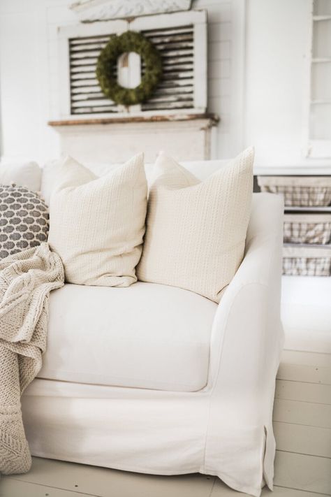 Farmhouse Couch, White Slipcovers, Farmhouse Sofa, Liz Marie, Liz Marie Blog, Living Room Update, Simple Budget, Room Update, Ikea Furniture