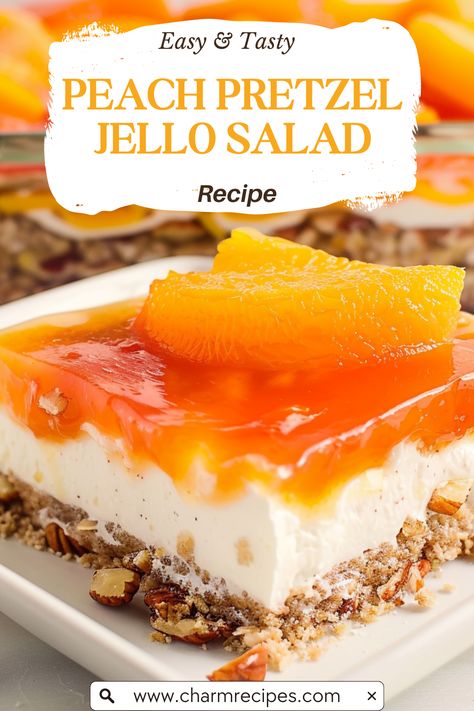 How to Make Peach Pretzel Jello Salad Peach Pretzel Jello Salad, Peach Pretzel Salad, Cherry Yum Yum Recipe, Pretzel Jello Salad, Pretzel Jello, Jello Pretzel Salad, Peach Jello, Jello Salads, No Bake Blueberry Cheesecake