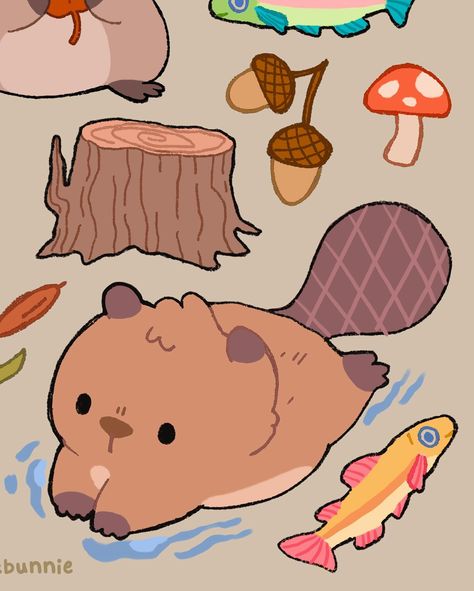 How To Draw A Beaver, Cute Koala Drawing, Cute Beaver Drawing Easy, Cute Beaver Drawing, Beaver Doodle, Tapir Drawing, Forest Drawings, Beaver Character Design, Beaver Tattoo