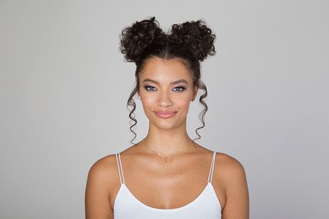 Curls On High Space Buns - SexyHair High Space Buns Curly Hair, High Space Buns, Space Buns Curly Hair, Buns Drawing, Curly Space Buns, Space Bun Hairstyle, Haircut Ideas For Girls, Space Bun Hairstyles, Space Buns Hair