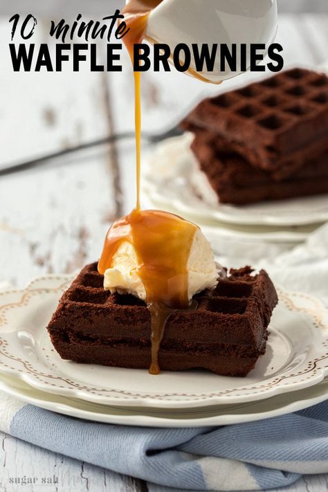 These Waffle Brownies are a fun take on waffles that you can even eat for dessert. Dangerously delicious and dangerously quick, these super chocolate waffles are ready in just 10 minutes. #sugarsaltmagic #wafflebrownies #waffles #chocolatewaffles Waffle Brownies, Waffle Iron Brownies, Waffles Dessert, Iron Meals, Iron Foods, Brownie Waffles, Waffle Ice Cream, Chocolate Waffles, Batter Recipe