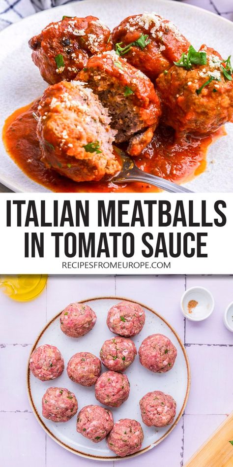 Italian Meatballs in Tomato Sauce (Polpette al Sugo) - Recipes From Europe Skillet Meatballs In Marinara, Meatballs In Tomato Sauce Italian, Authentic Italian Meatballs Homemade, Meatballs In Sauce Recipe, Beef Meatballs For Spaghetti, Italian Meatballs Recipe Authentic, Cooking Meatballs In Sauce, Italian Meatballs And Sauce, Meatball Sauce Recipes