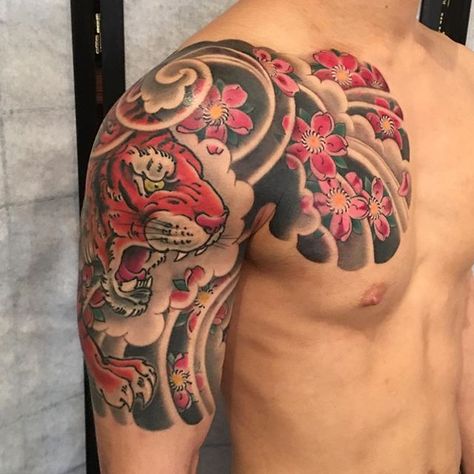 Japanese Half Sleeve. Tiger Tattoo BARDADIM TATTOO ARTIST NYC Irezumi Half Sleeve, Japanese Half Sleeve Tattoo Design, Japanese Half Sleeve Tattoo, Half Sleeve Tattoo For Women, Japanese Neck Tattoo, Japanese Half Sleeve, Sleeve Tattoo Women, Japanese Tattoo Meanings, Japanese Tattoos For Men